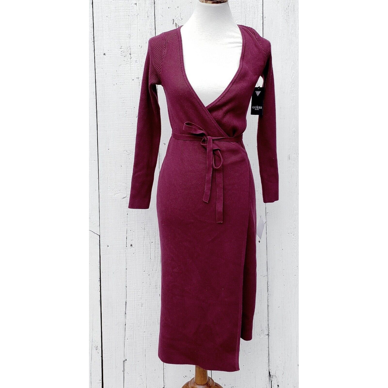 Guess Womens Wine Plum Purple Crossover Long Sleeve Ribbed Midi Dress Sz S